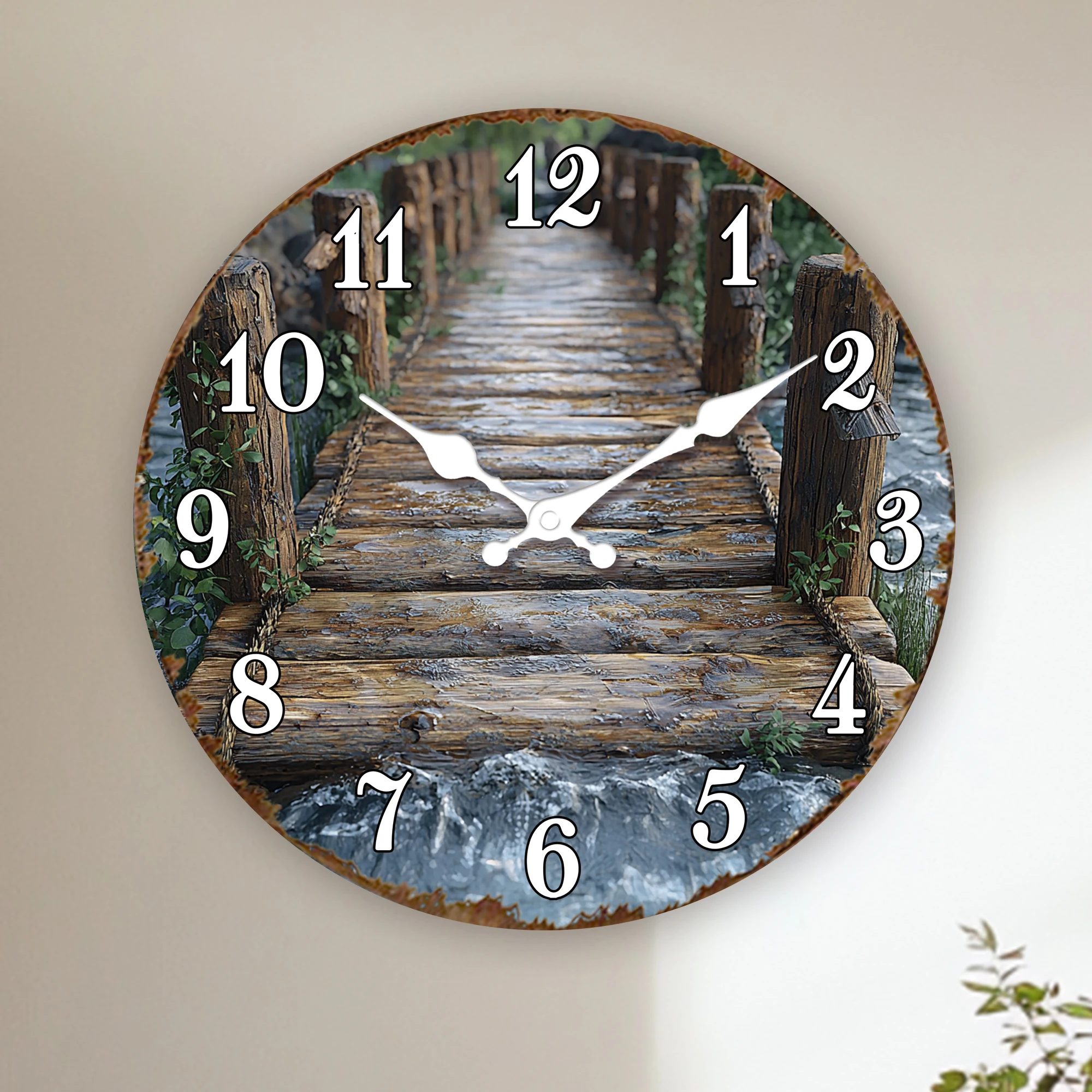 Wooden Bridge Stream Wall Clock, Nature Landscape Decorative Clock, Serene Water and Wood Design Wall Watch for Relaxing Ambianc