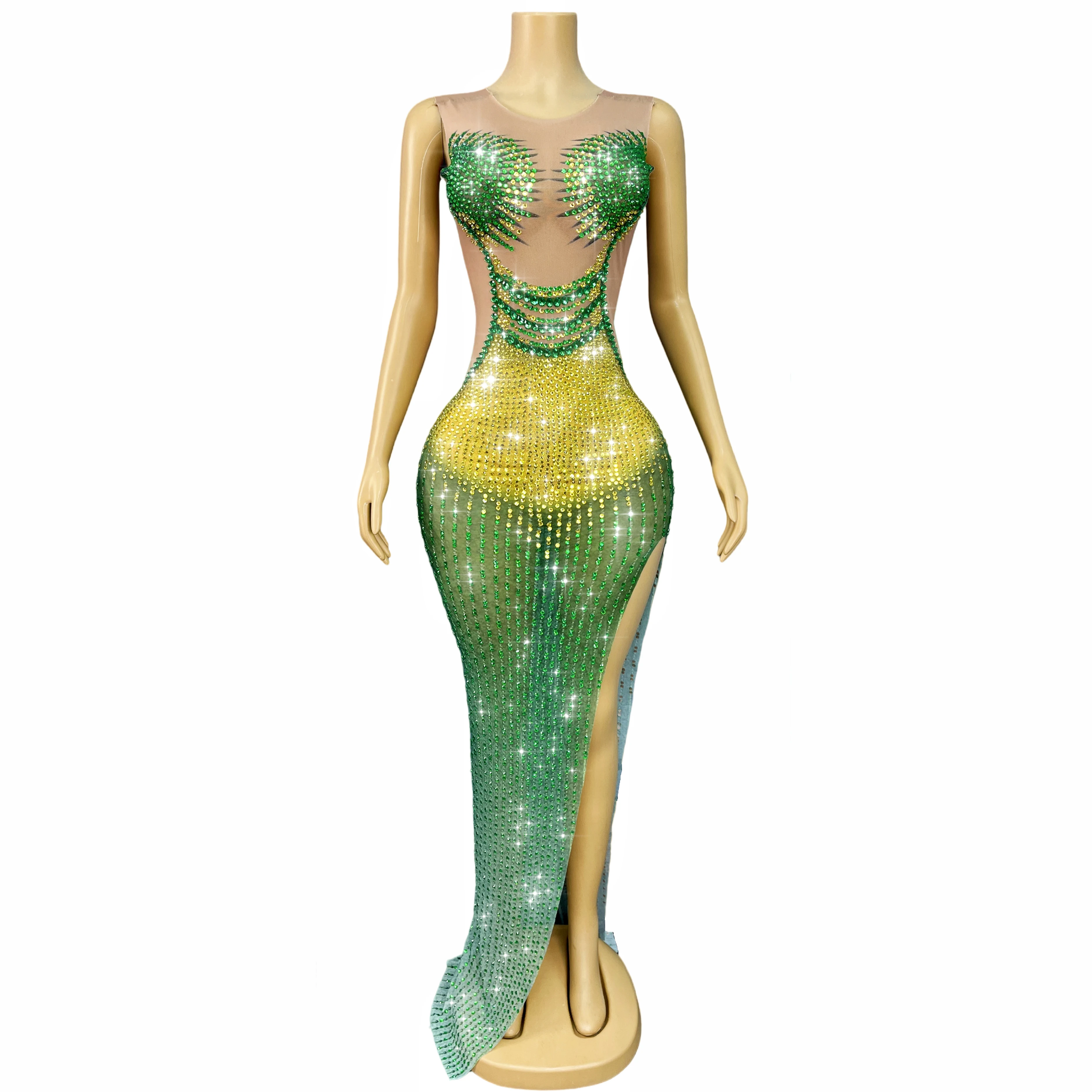 새로운 럭셔리 디자인 블링블링 라인스톤 메쉬 드레스 여성 파티 이브닝 가운 레드 카펫 쇼 의상