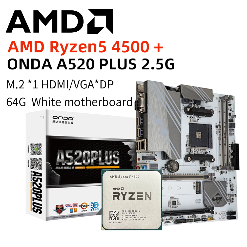 AMD R5 4500 CPU +ONDA A520-PLUS 2.5G Socket AM4 white Motherboard DDR4 64GB PCI-E 3.0 M.2  Desktop  Mainboard  Overlocking