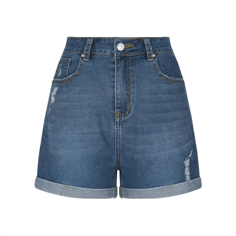High quality summer women's straight leg dark blue roll-up pocket small worn denim shorts hot pants for women