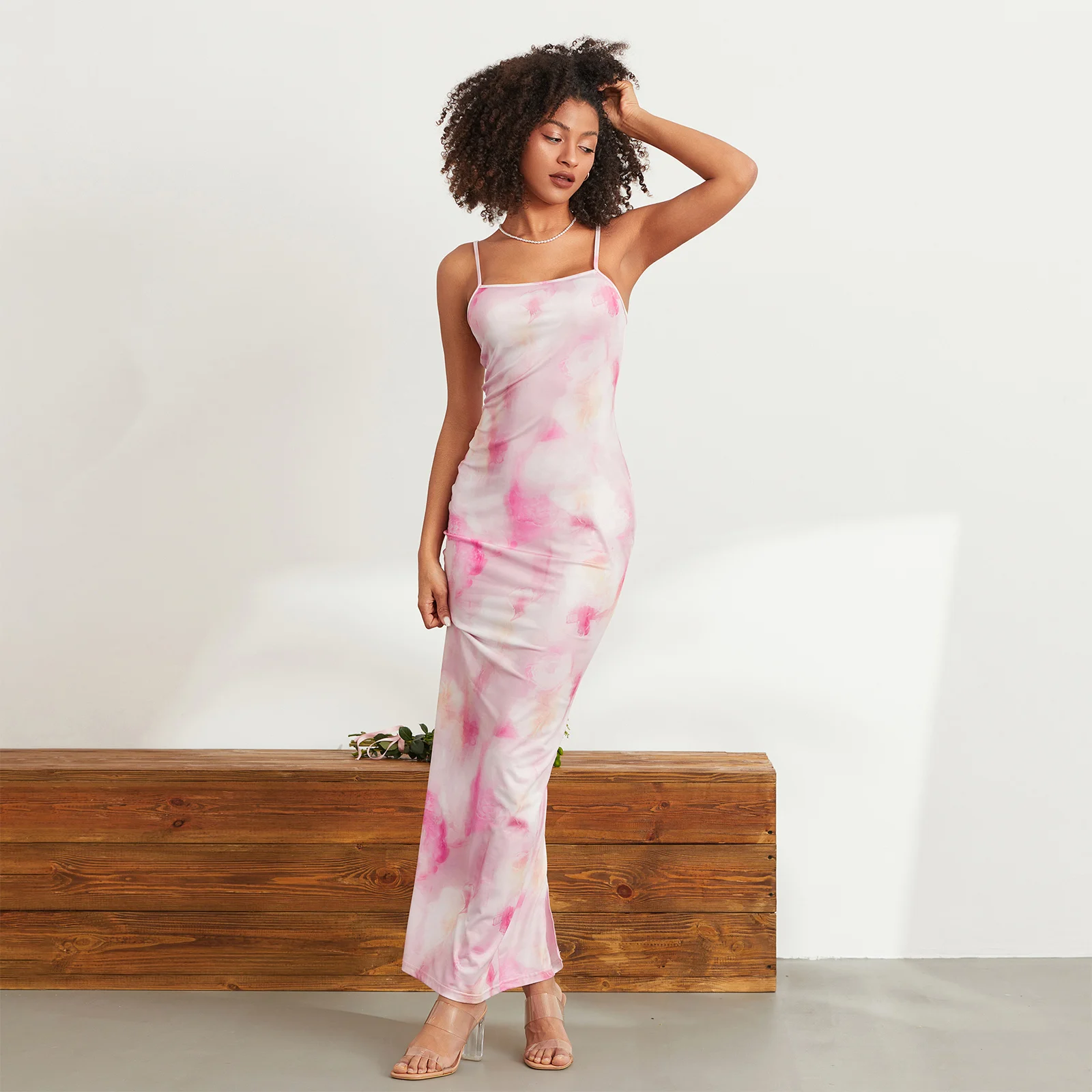 

Summer Tie-Dye Print Sleeveless Bodycon Party Dress Women Spaghetti Strap Long Dress for Cocktail Beach Streetwear