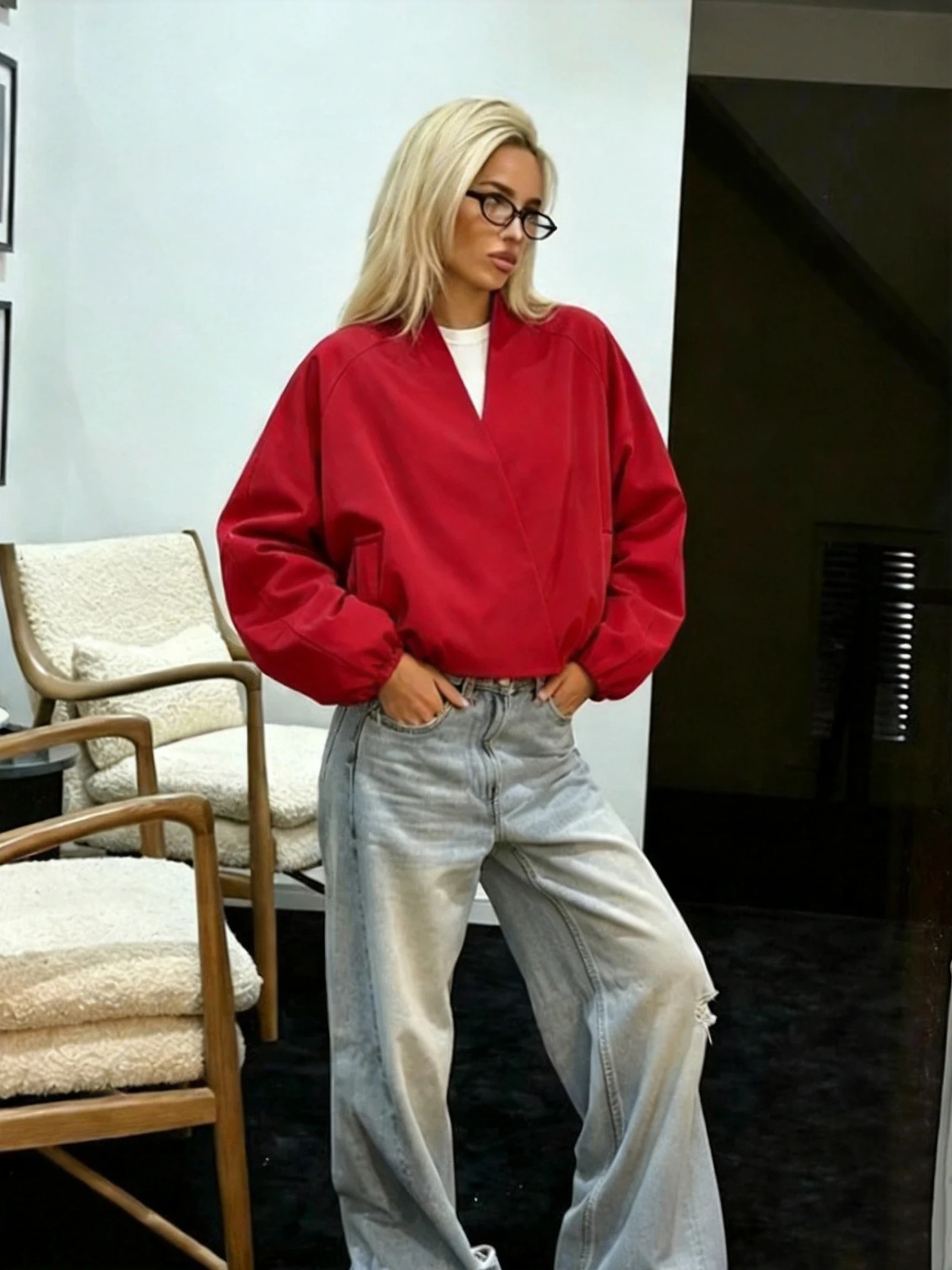Women Red Chic Oversized Bomber Jacket Autumn Female V-Neck Casual Long Sleeve Pilot Jackets Lady High Street Loose Coats