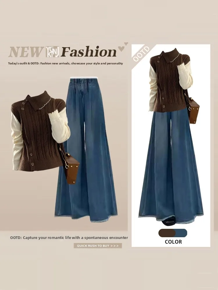 

Retro Commute Knitted Sweater And Wide Leg Jeans Women's Winter Faion Set Color Colion Design Comfortable Work Outfit