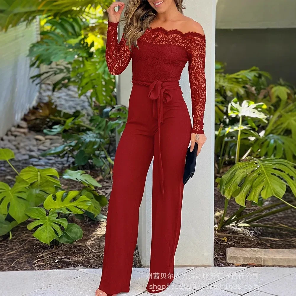 المرأة حمالة قبالة الكتف كم طويل رمش الدانتيل تقسم سليم صالح وزرة السراويل عارضة سستة الظهر بذلة مع حزام #5