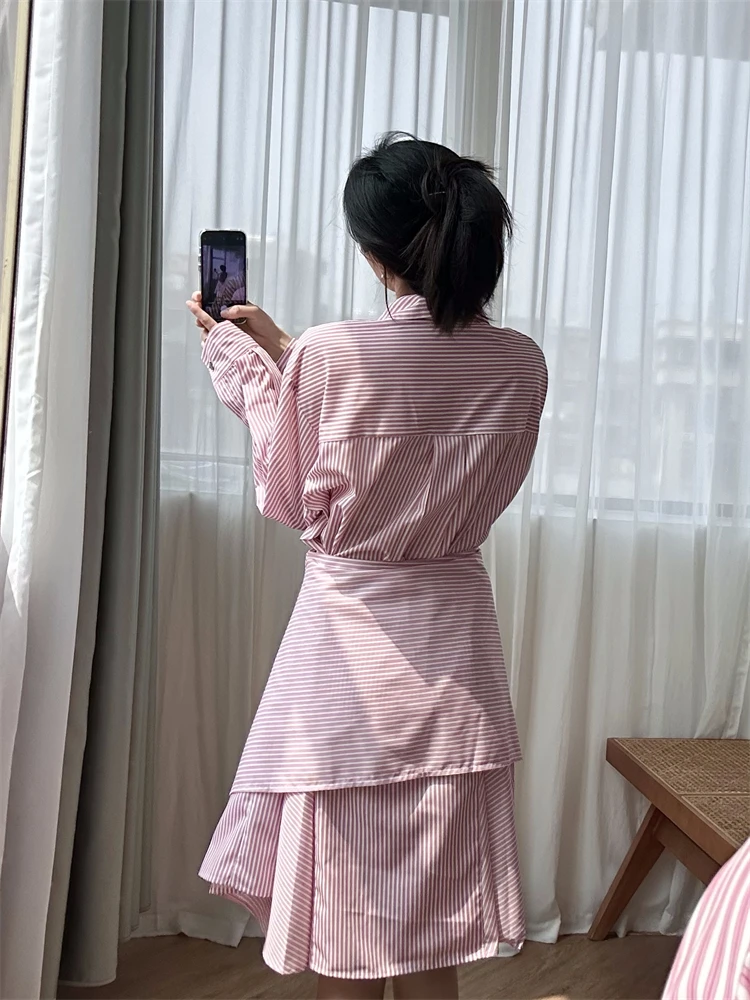 Self portrait dress Fake two-piece lace up dress with sweet pink stripes embroidered dress logo, casual and fashionable