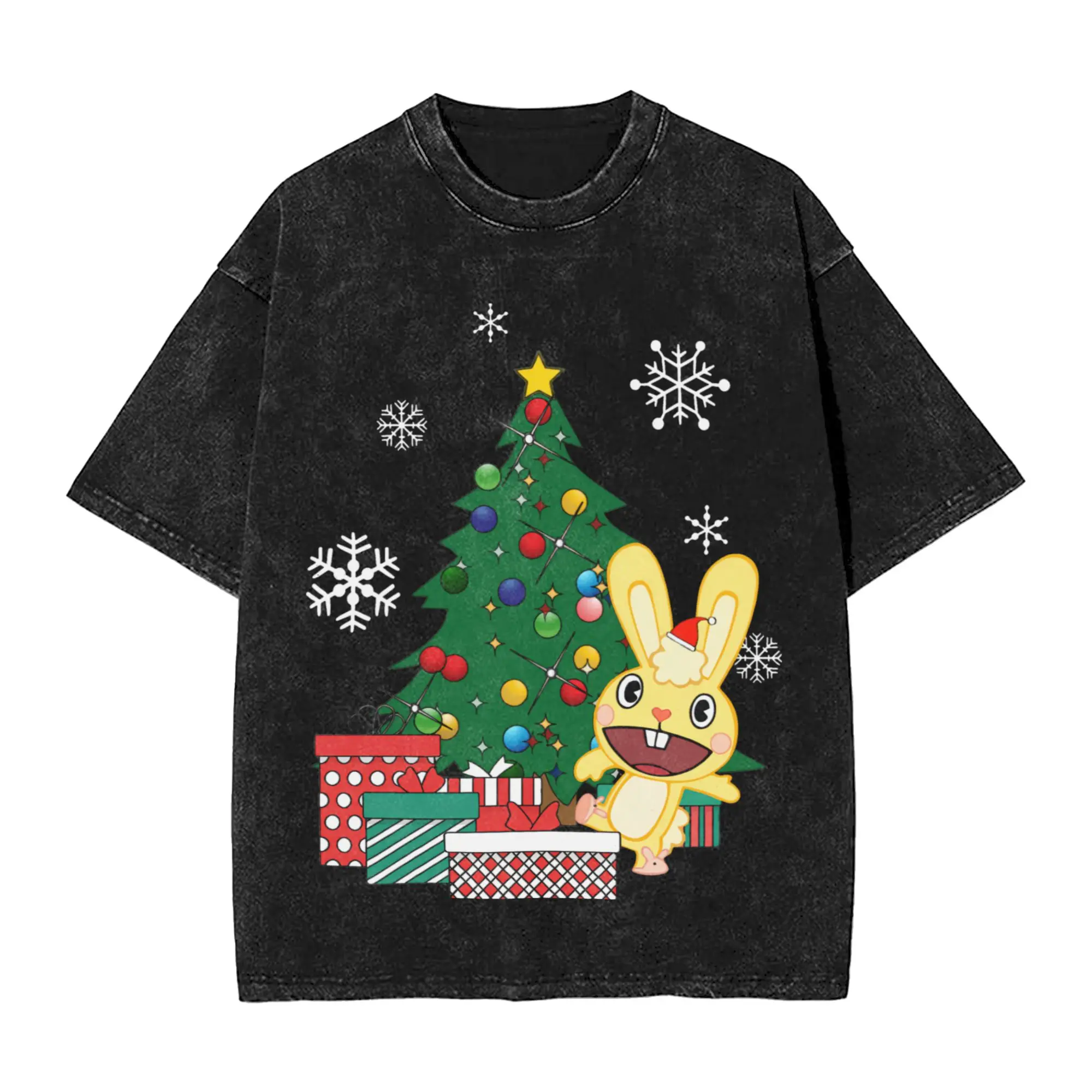 Cuddles Around The Christmas Tree Happy Tree Friends Washed T Shirt for Men Women Streetwear Hip Hop T-Shirt Tees Short Sleeve
