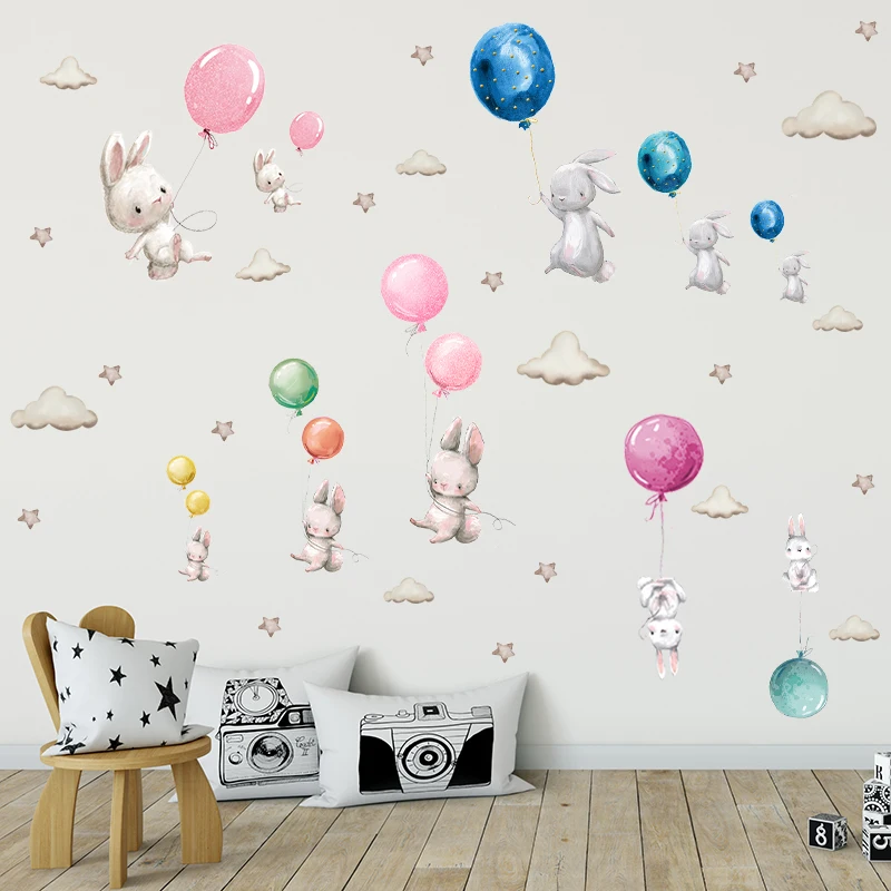 Cartoon Watercolor Bunnies Wall Stickers for Kids Room Colorful Balloons Animals Home Decor Friendly Rabbits Baby Bed Decoration