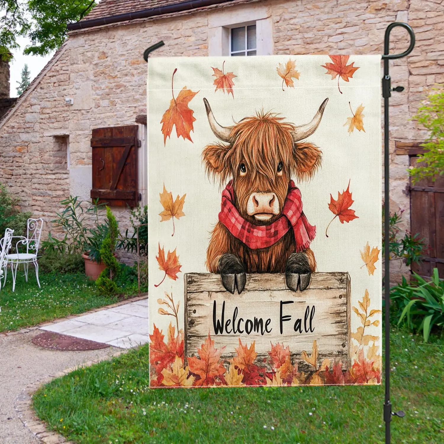 Fall Farmhouse Highland Cow Garden Flags 12x18 Inch for Outside, Autumn Country Maple Leaf Animal Standard Vertical Linen Fl UUX