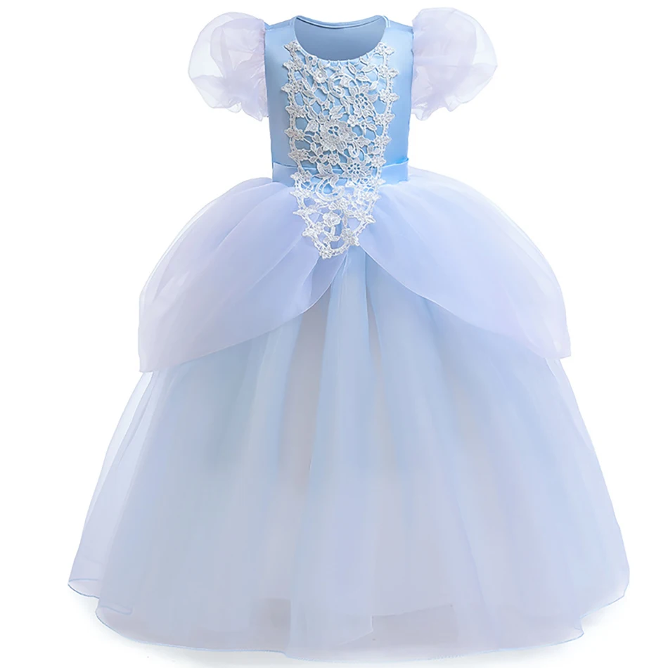 

Little Girls Deluxe Cinderella Costume Puff Sleeve Blue Dress Hallowen Party Gown Children Fancy Birthday Princess Dress Up Clot