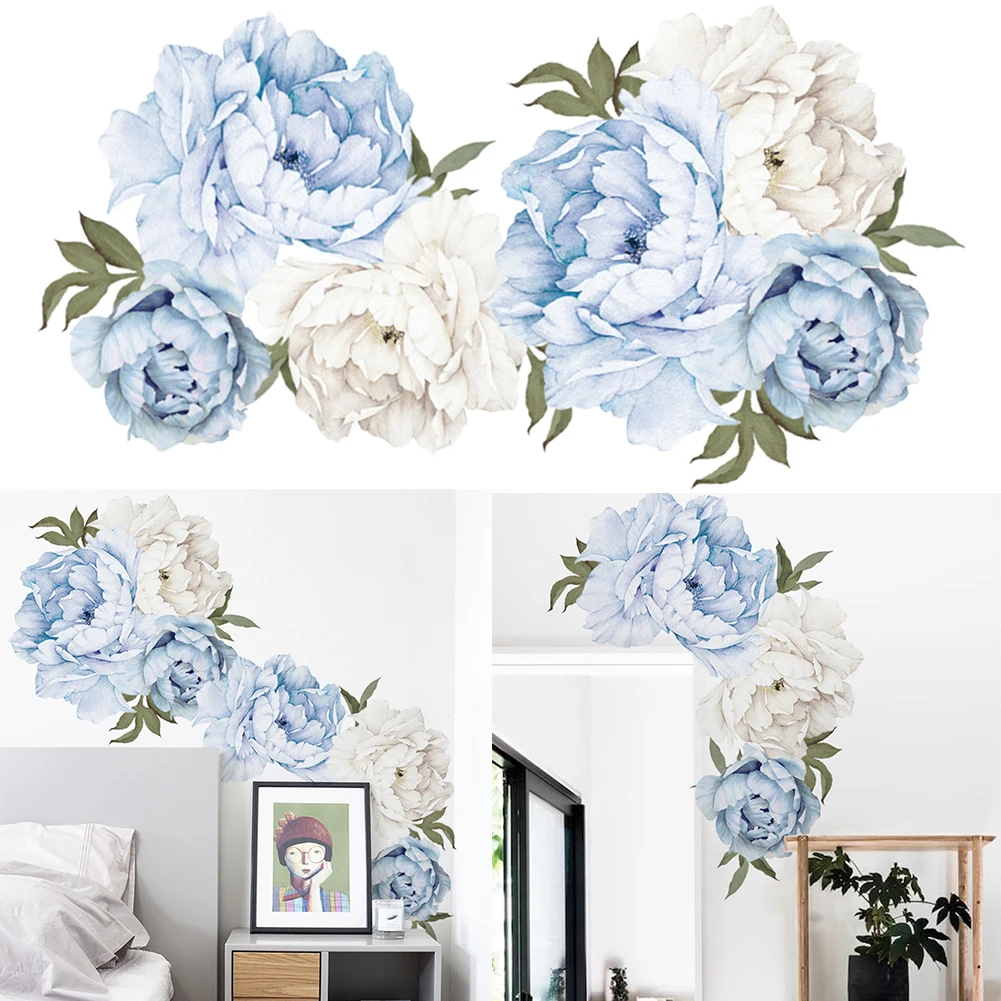 DIY Peony Flower Art Wall Sticker, Living Room Decals, Easy to Apply and Remove, Waterproof and Washable, Blue Color, 48*65 3cm