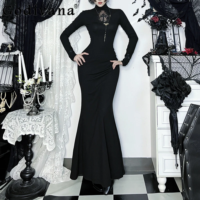 

Длинное платье для косплея на Хэллоуин, женское готическое темное вечернее облегающее платье, женское осеннее французское утягивающее платье с длинными рукавами