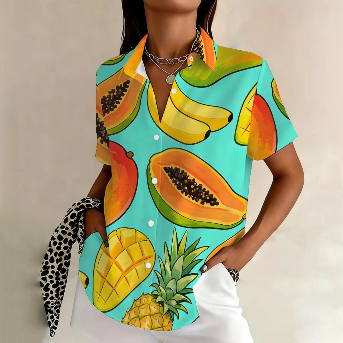

Women's Plus Size Tropical Fruit Print Short Sleeve Shirt, Perfect for Vacation, Leisure, Parties & Social Occasions Trendy