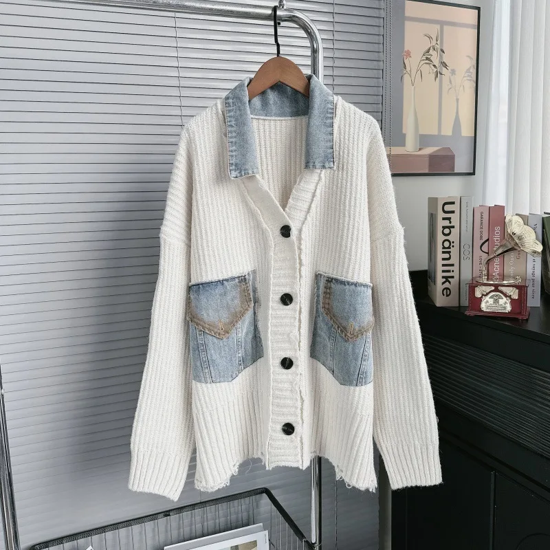 Coats Women Cardigan Sweaters Full Sleeve Jumpers Y2k Streetwear Elegant Splice Denim Open Stith Casual Loose Autumn Winter