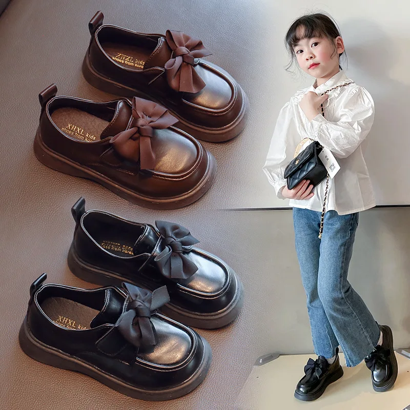 Spring Children Leather Shoes Bowknot White Brown Black Girl\'s Princess Single Shoes Kids Comfortable Casual fit 2-12T