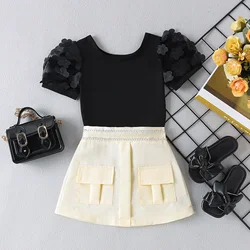 2PCS Summer Baby Girls 0-4 Years Old Baby Soft And Comfortable Base Simple Black Butterfly Sleeve Net + White Skirt Fashion Set