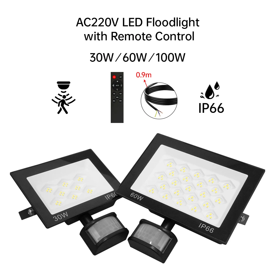 

AC 220V LED Floodlight PIR Motion Sensor 30W 60W 100W LED Spotlight Reflector Outdoor Waterproof Garden Street Lamp Wall Light