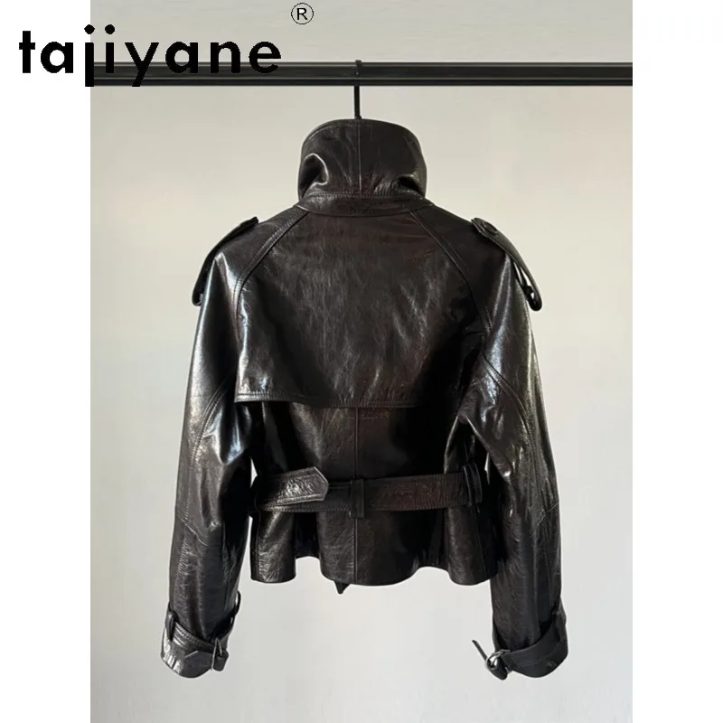 TAJIYANE Sheepskin Genuine Leather Jacket Women Short Waxed Leather Coat Double‑Breasted Biker Moto Jackets Belted Outerwear