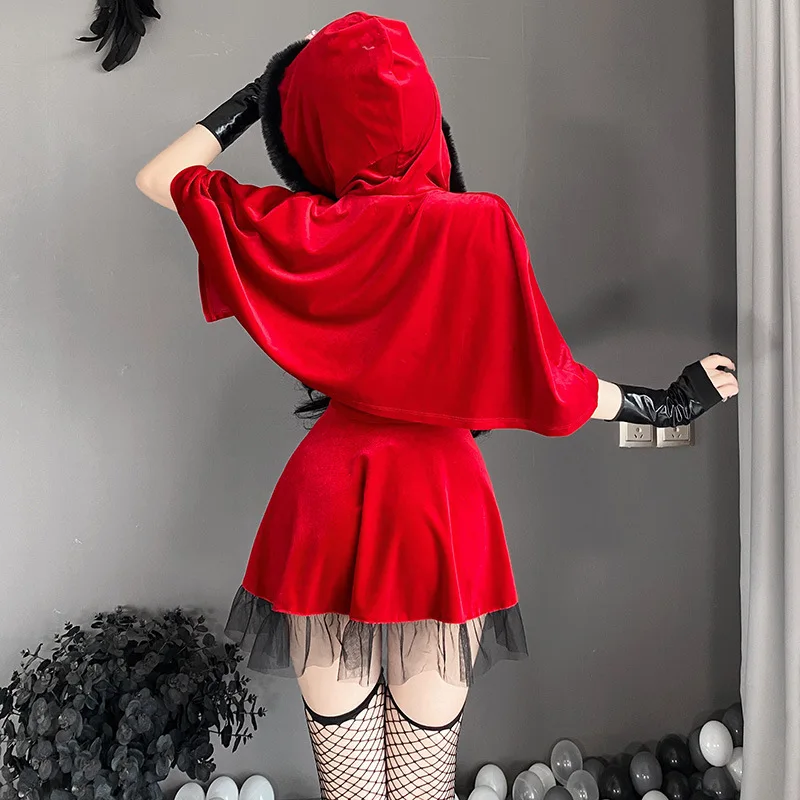 Sexy Costume for Women Christmas Cosplay Fairy Dress Lingerie Lady Shawl Skirt Suit with Headwear and Sleeves Hooded Cape Party