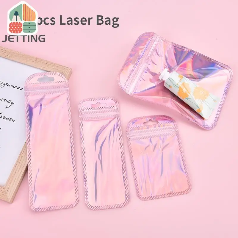 50Packs 4 Styles Resealable Holographic Bags Cute Eyelash Packaging Bags For Lip Gloss Lash Foil Small Ziplock Bags