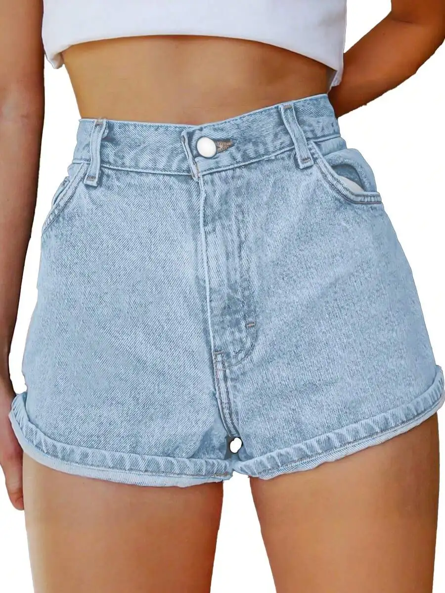 

High Waist Denim Shorts With Rolled Cuffs And Button Closure For Women Summer Casual