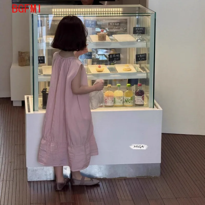 الكورية أزياء الأطفال فتاة حلوة لطيف سترة فستان فضفاض الصيف القطن الوردي أكمام فستان كاجوال فستان حفلة الشاطئ للأطفال