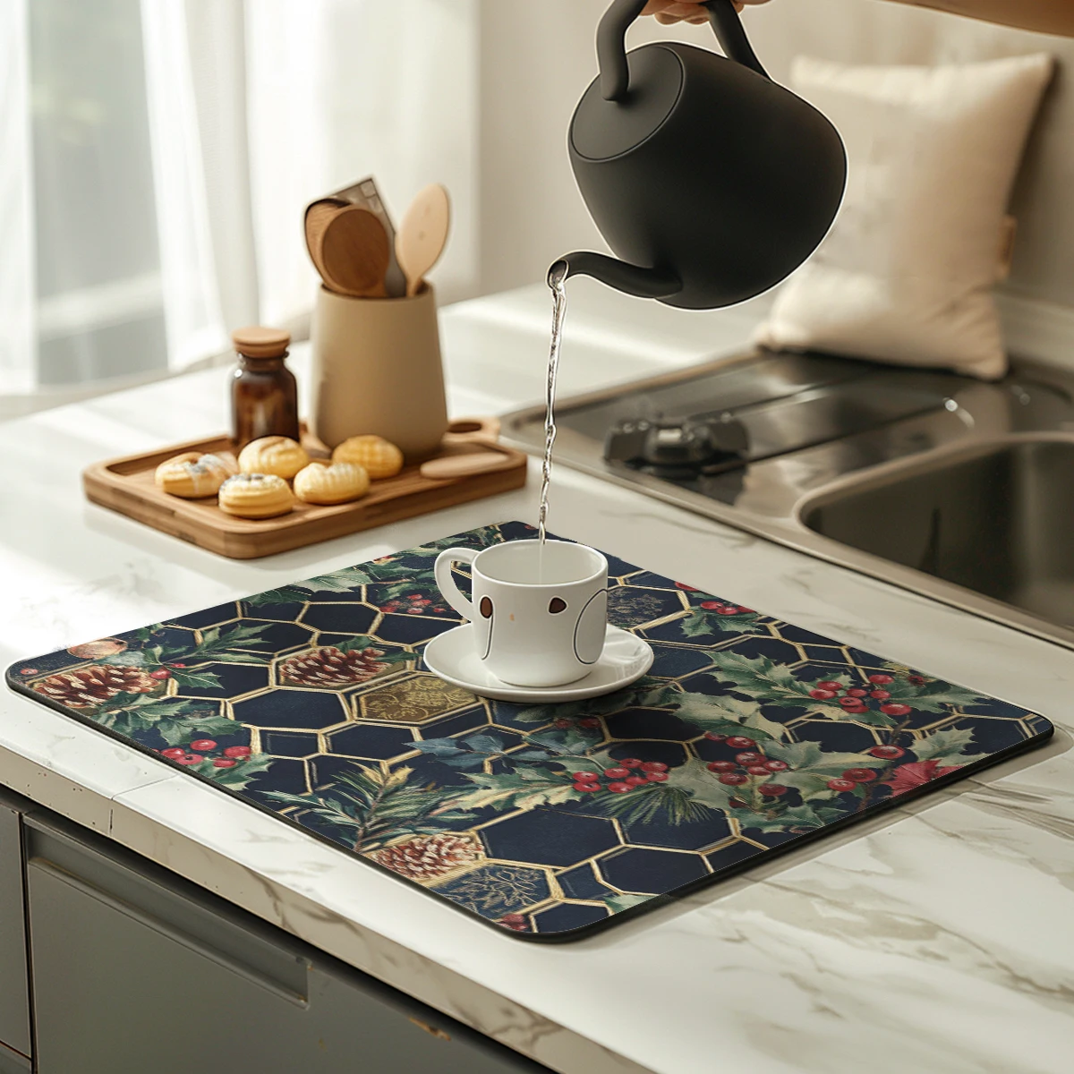 Coffee Cup Drying Mat Christmas Holly Non-slip Absorbent Mat Diatoms Tableware Kitchen Counter Drain Mat Coffee Bar Drain Mats