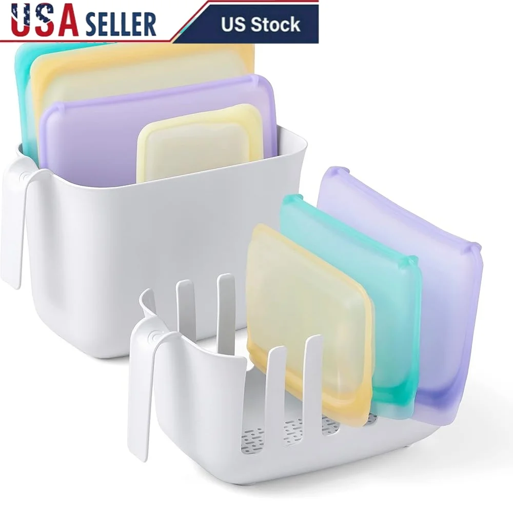 

Reusable Bag Drying Rack and Storage Bin Set Silicone Bags Organizer BPA-Free Plastic Easy Carry Space Saving Design