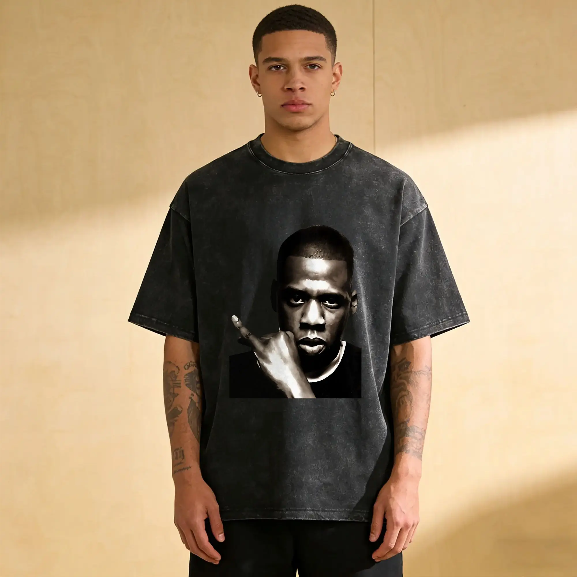 Jay Z Men T Shirt Washed  Hipster Tees Short Sleeve Round Collar T-Shirts Cotton Printed Tops