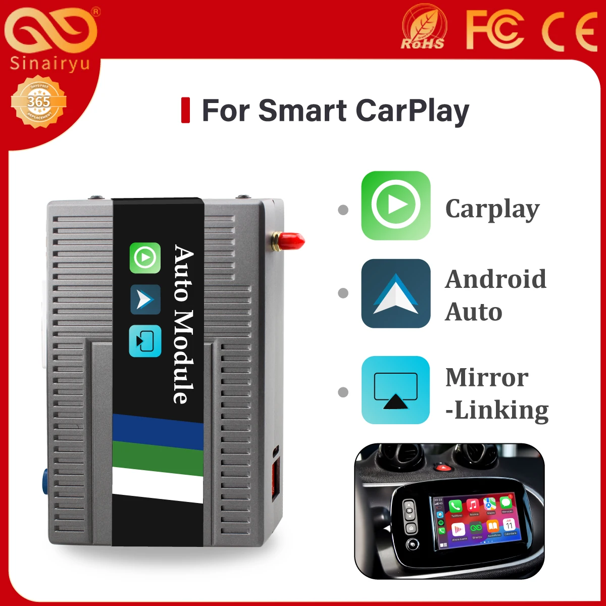 Sinairyu Wireless Apple CarPlay for Benz Smart Fortwo Forfour 2016 17 18 19  Mirroring Android Auto AirPlay Retrofit Box