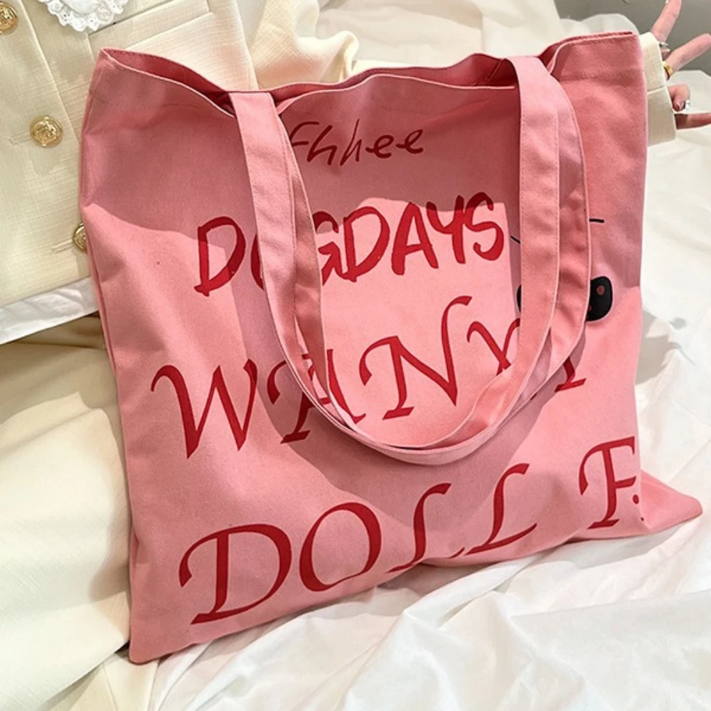 Estate stile coreano rosa tela Eco Shopping Tote sacchetto regalo di san valentino per le donne nero ciliegia lettera inglese semplice minimalismo