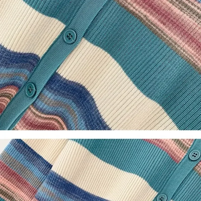 

Свитер Свитер с длинными рукавами Весна Осень Тонкий топ с цветными блоками Полосатая рубашка с v-образным вырезом Свободная трикотажная рубашка