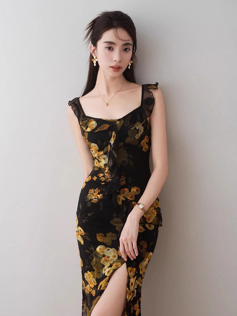 REDDACHiC Estate Boho Maxi Abito Lungo Donna Chiffon Floreale Collo Quadrato Canotta Increspato Split Sirena Vestito Estivo Abiti Estivi