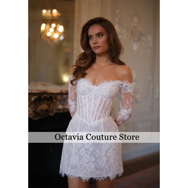 

Customized White Off the Shoulder Wedding Dresses Lace Long Sleeve Back Lace-Up Bridal Gowns Flower Mini Dress