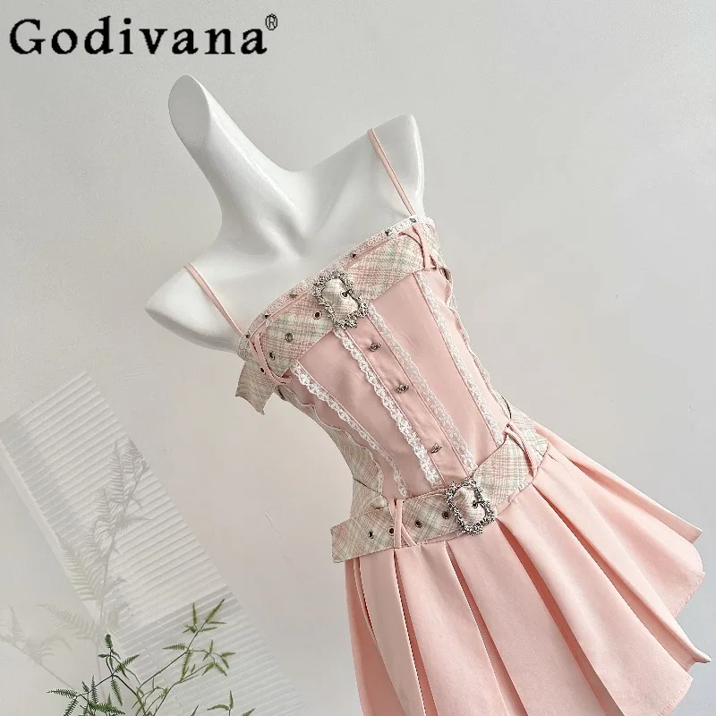 Abito da donna dolce e fresco stile puro desiderio primaverile a vita alta con linea a trapezio abito corto con cinturino rosa abito estivo femminile carino Lolita