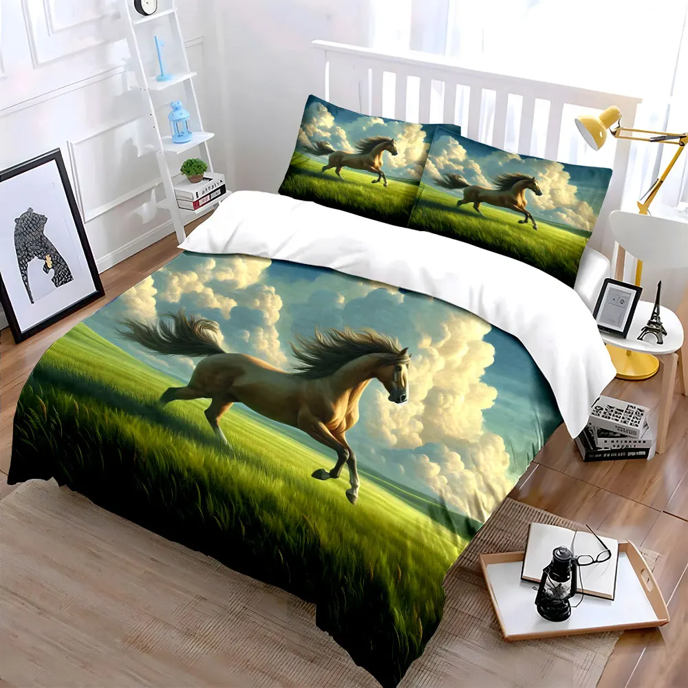 Horse running on grassland Pattern Duvet Cover Set Digital Print Colorful Polyester Bedding with Zipper Closur for kids gifts