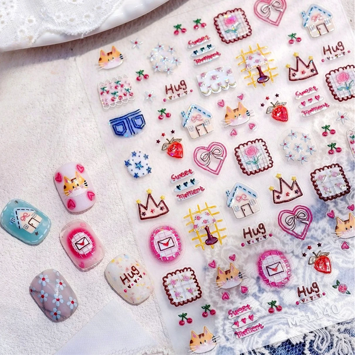 

Cute Cat Cherry Love Heart Bowknot Tulip Flower Shiny Rabbit Strawberry Dog Star Mushroom Apple Clock Nail Art Stickers Decals