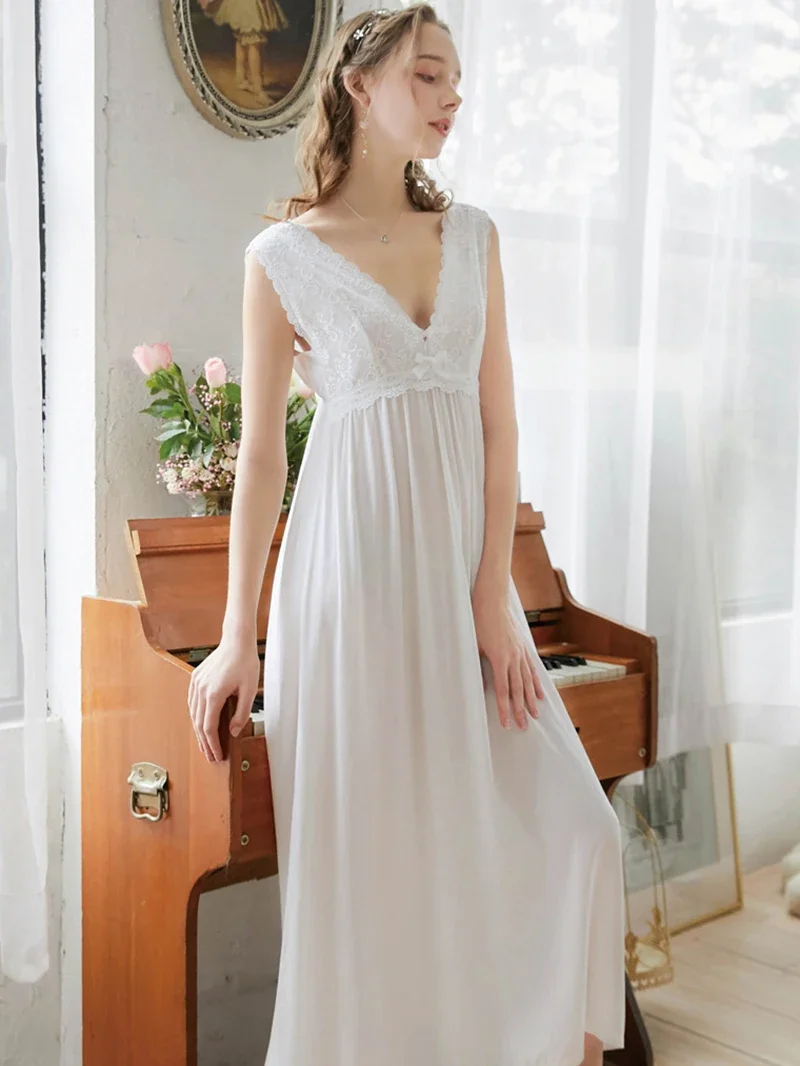 Women Cotton Summer Sleeveless V-Neck Backless Lace Fairy Princess Nightdress Fairy Vintage Victorian Sexy Nightgowns Sleepwear