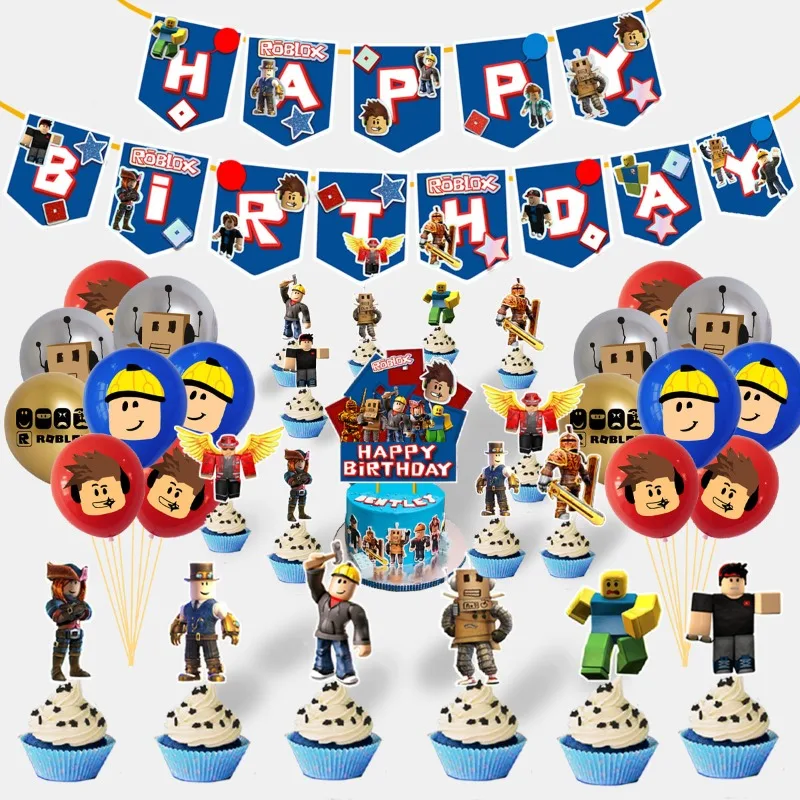 

Roblox Birthday Party Set Balloon Pull The Flag Cake Decoration Game Decorative Ornaments Children Gifts