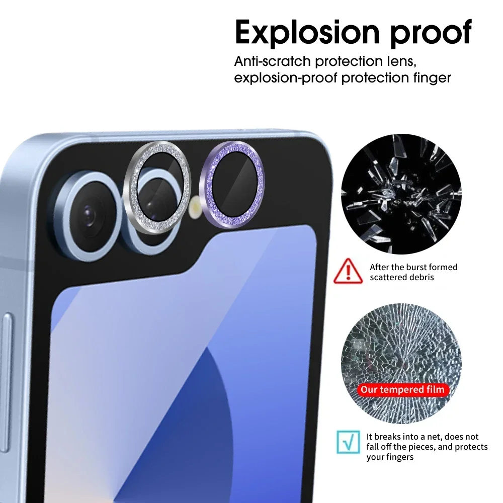Back Camera Lens Tempered Glass For Samsung Galaxy Z Flip 7 Flip 6 Flip 5 5G Glitter Diamond Metal Lens Ring Glass Protector