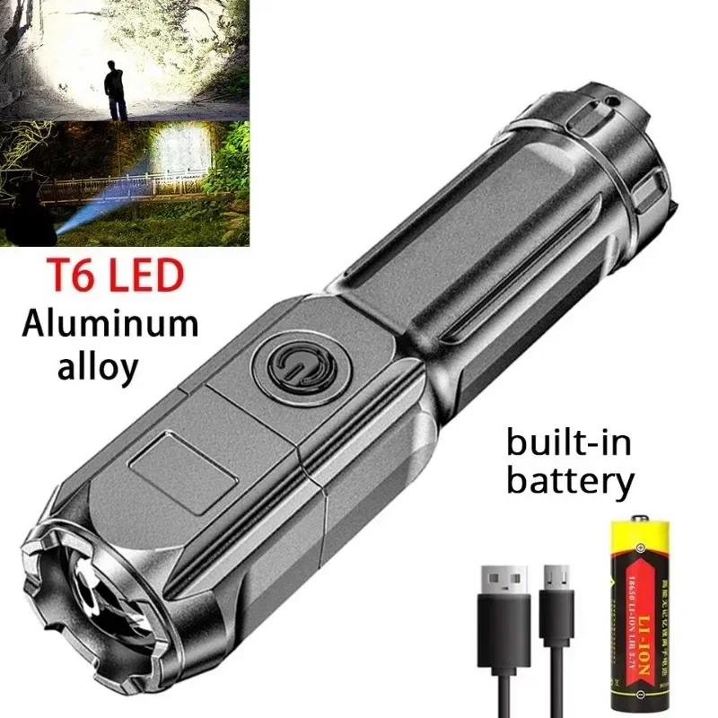 Portable LED Flashlight ABS Strong Light Focusing Flashlight USB Rechargeable Outdoor Home Strong Light Searchlight Waterproof