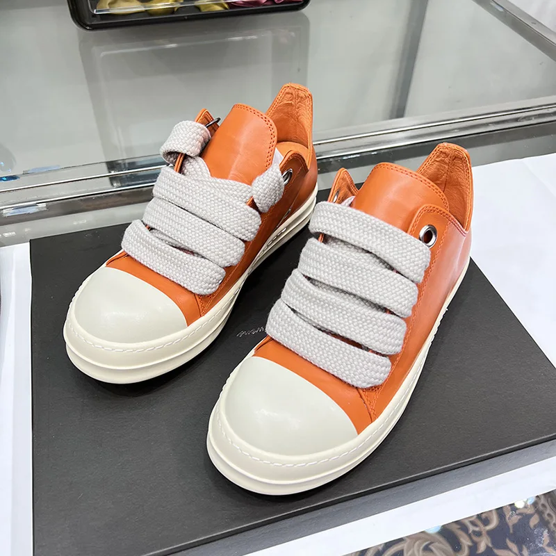 Men Casual Shoes Jumbo Lace Up Low Top Genuine Leather Thick Soles Ro Orange Women Luxury Designer Sneakers Big Plus Size