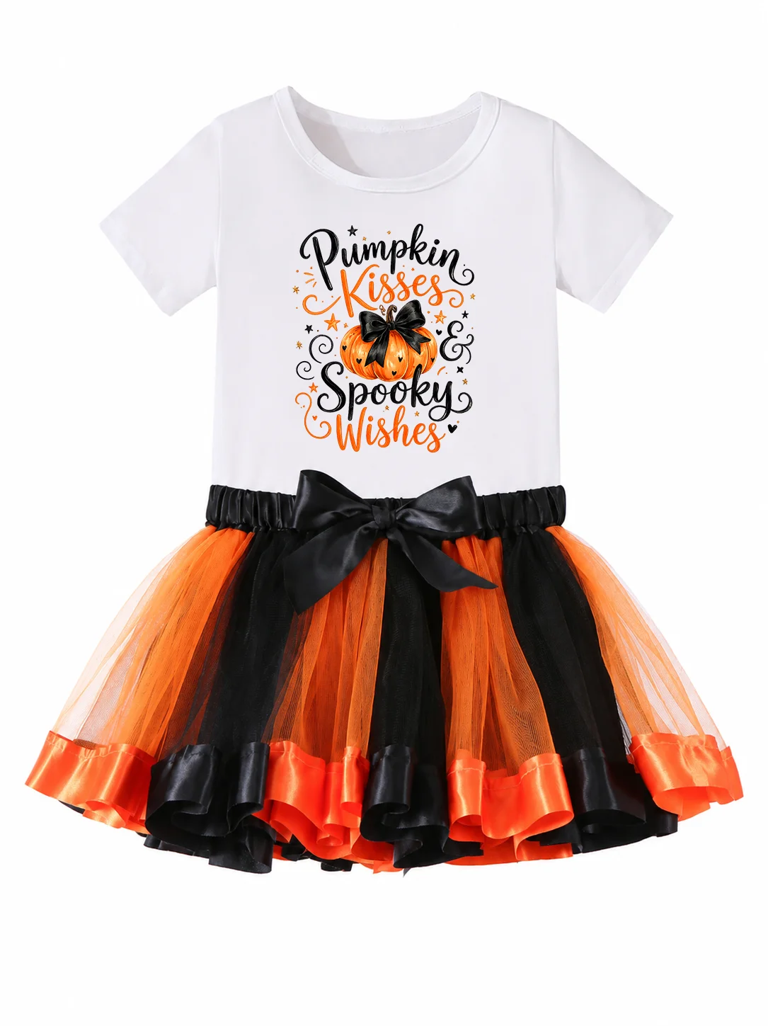 Girls Halloween Outfit Set Pumpkin Kisses Printed Short Sleeve T-shirt Black Orange Tutu Skirt Kids Witch Cosplay Costume Fall F