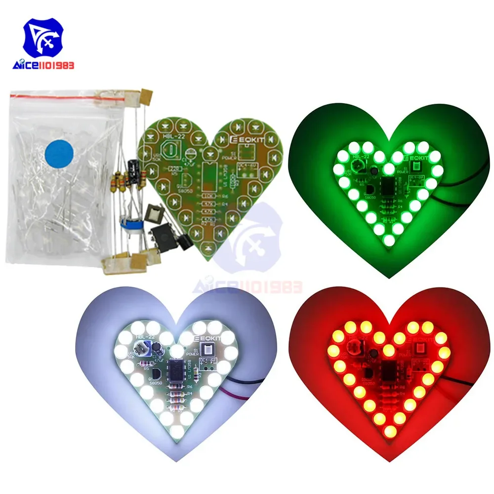 diymore Heart Shape LED Flashing Light DIY Kit with PCB DC 4-6V 4 Color Available for Soldering Kit Practice Learning Kit