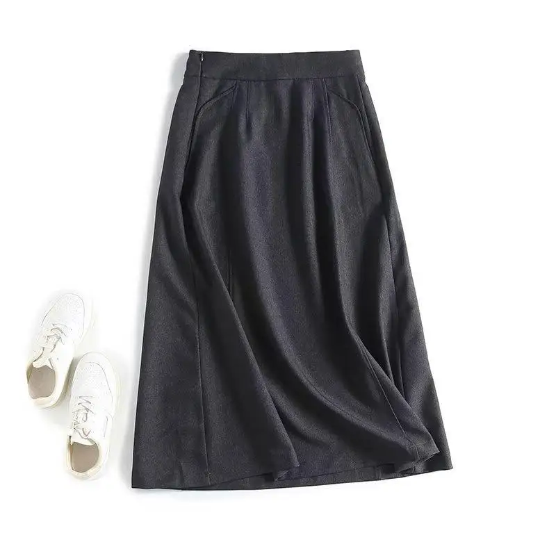 Maxdutti Minimalist Women's Clothing Southern France Autumn Winter Faldas Skirts Temperament Commuting Gray Midi Skirt Woman