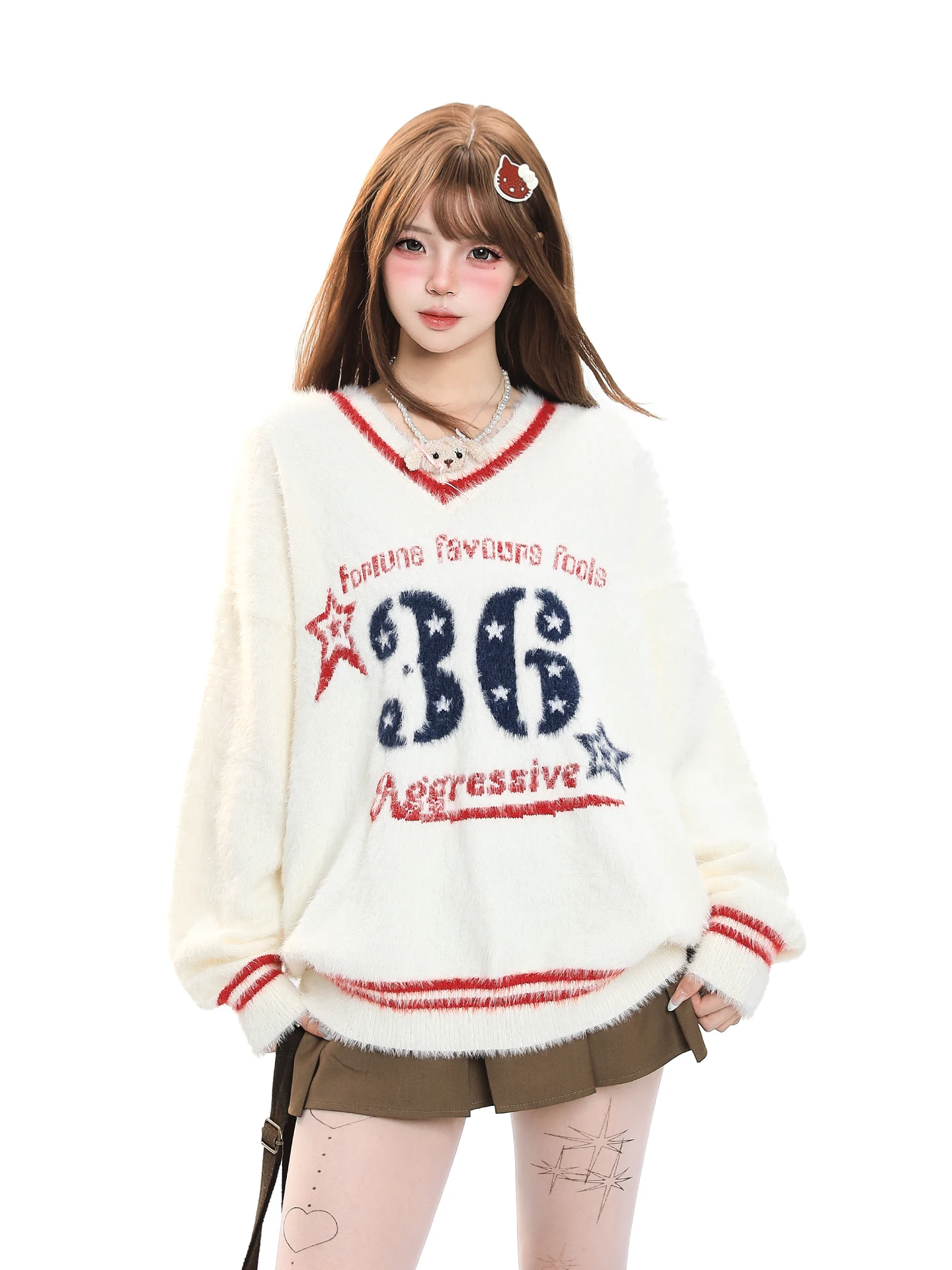 

American College Sle Letter Print V-Ne Sweater Women's Autumn Winter New Loose Warm Soft Overhead irt