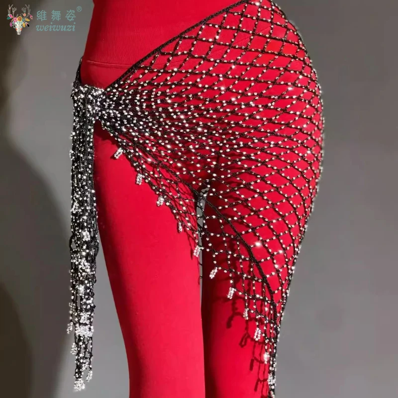 Novo lenço de quadril para dança do ventre, rede de pesca com lantejoulas, cachecol triangular para mulheres, corrente de cintura oriental, acessórios de dança