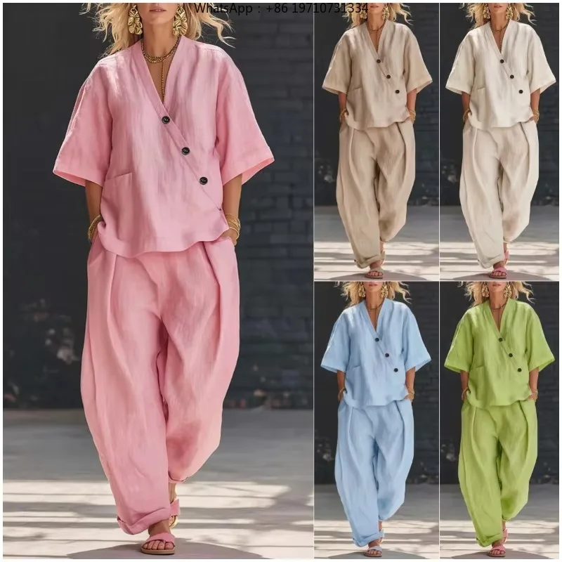 Loose V Neck Linen Two Piece Set Casual Wide Leg Pants Outfit Breathable Comfort For Summer Daily Vacatio