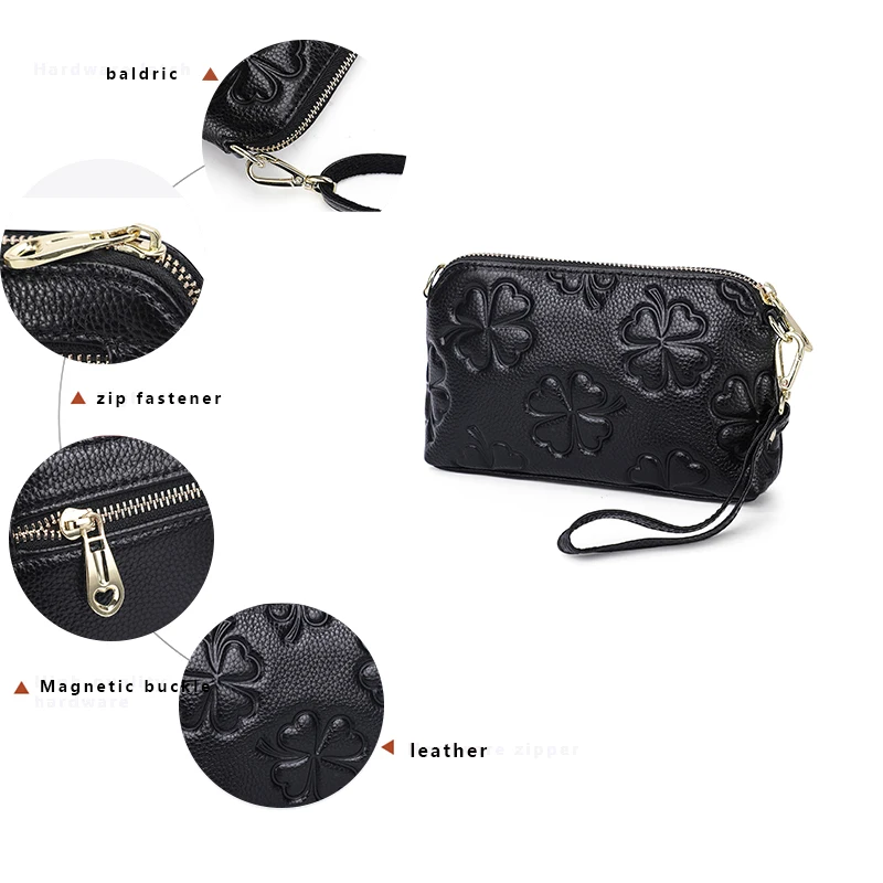 Aidrani  New floral pattern cowhide single shoulder crossbody bag, mini double zippered long money bag, black