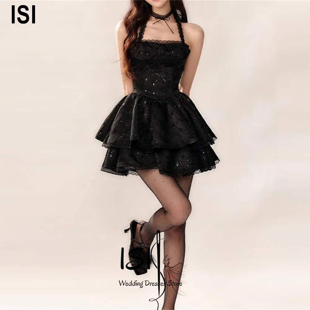 Vestido de Noche Negro Sexy Personalizado ISI, Sin Tirantes, Cuello Halter, Lentejuelas Cortas, Corte en A, Vestido de Fiesta, Vestidos de Gala ﻿