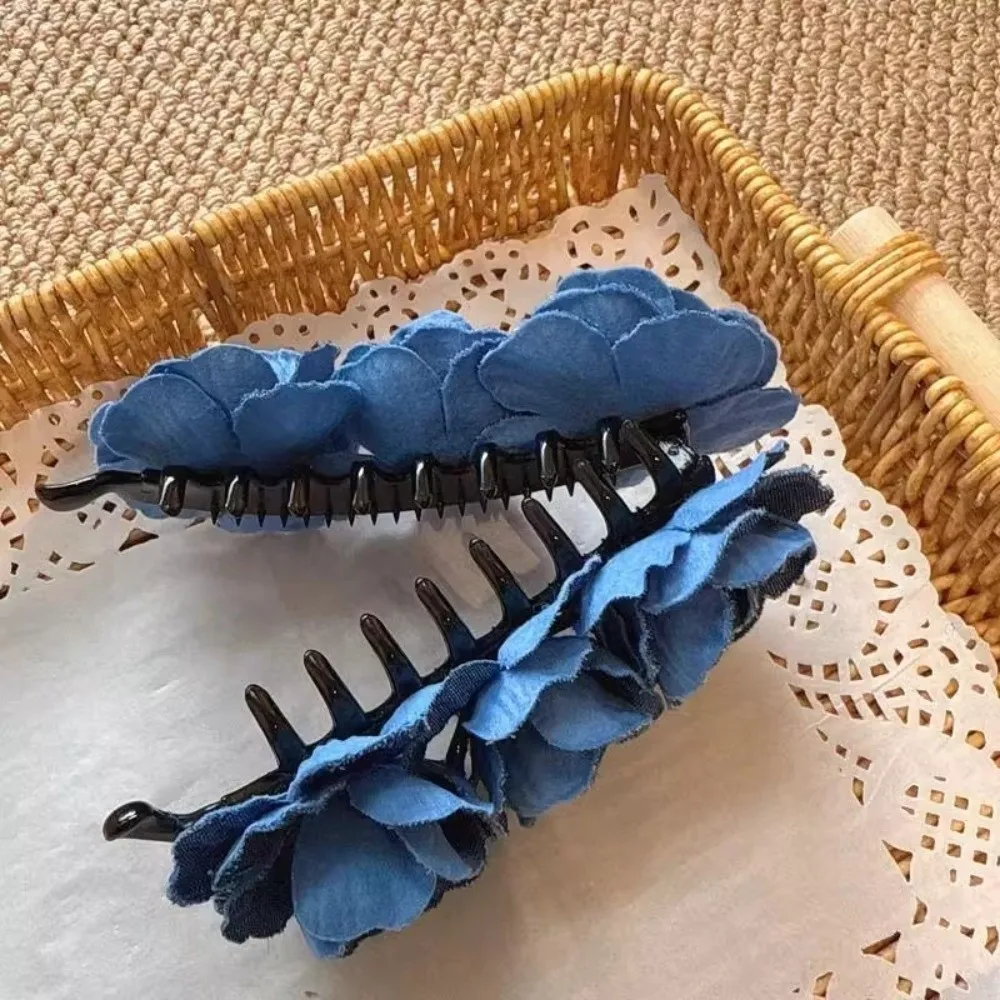 

Denim Blue Flower Banana Clips Camellia Korean Style Women Vertical Clip Cloth Plastic Floral Twisted Hair Clip Spring